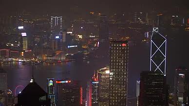 俯视香港城市夜景维多利亚港航拍视频的预览图